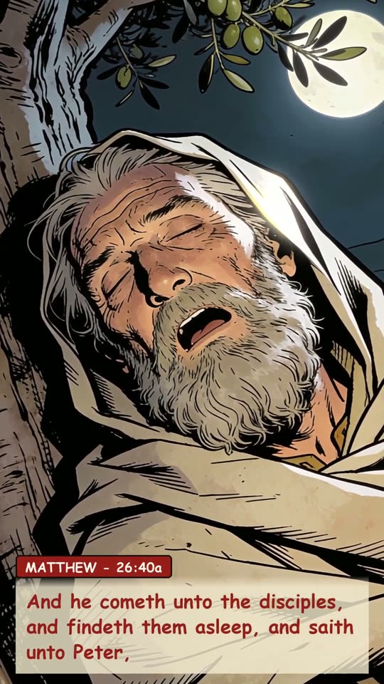 Panel 7: And he cometh unto the disciples, and findeth them asleep, and saith unto Peter,
