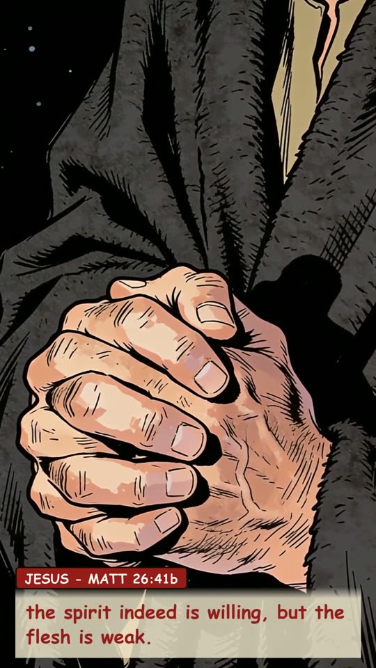 Panel 11: the spirit indeed is willing, but the flesh is weak.