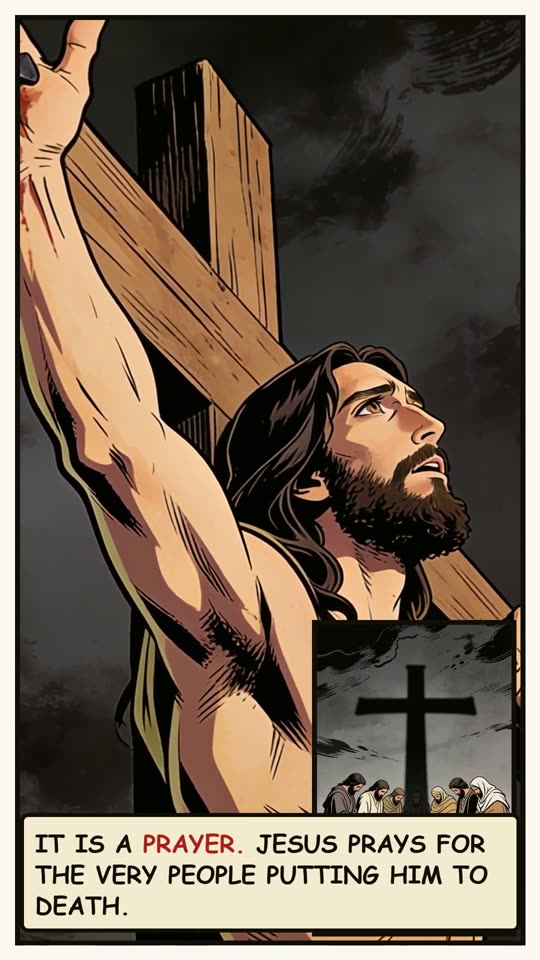 Panel 4: It is a prayer. Jesus prays for the very people putting him to death.