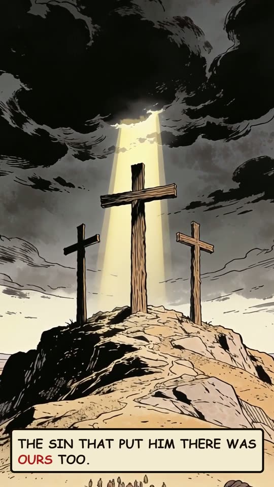 Panel 9: The sin that put him there was ours too.