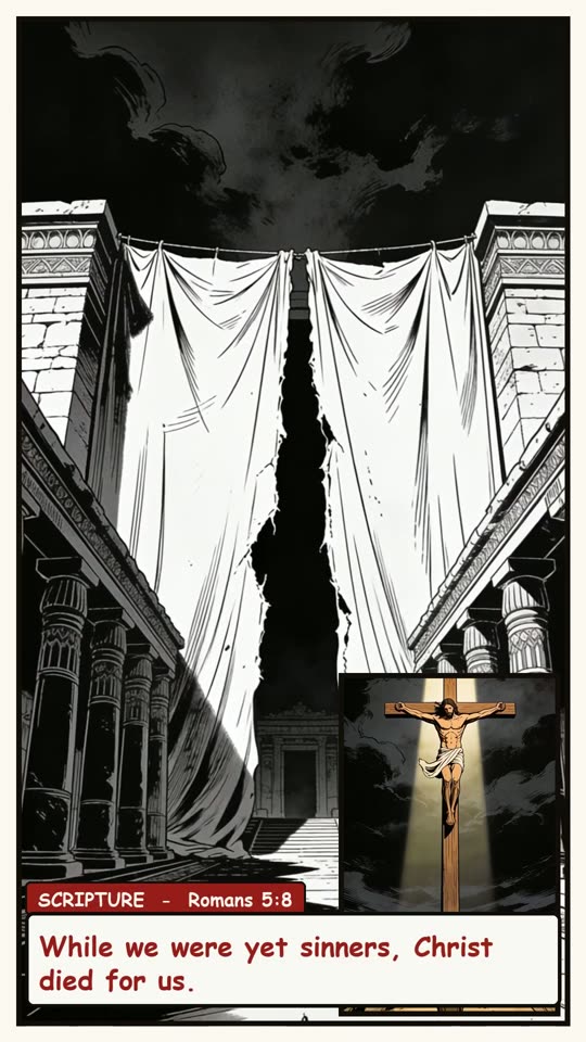 Panel 12: While we were yet sinners, Christ died for us.