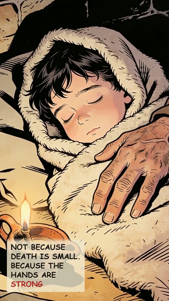 Panel 13: Not because death is small. Because the hands are strong