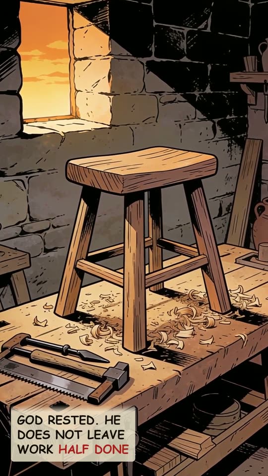 Panel 3: God rested. He does not leave work half done