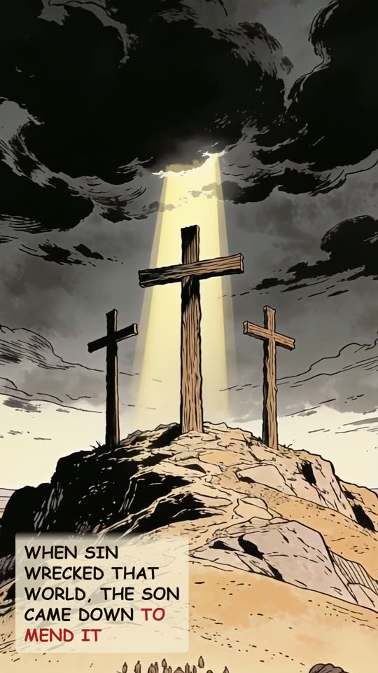 Panel 4: When sin wrecked that world, the Son came down to mend it