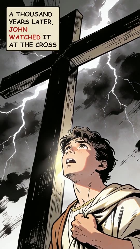 Panel 8: A thousand years later, John watched it at the cross