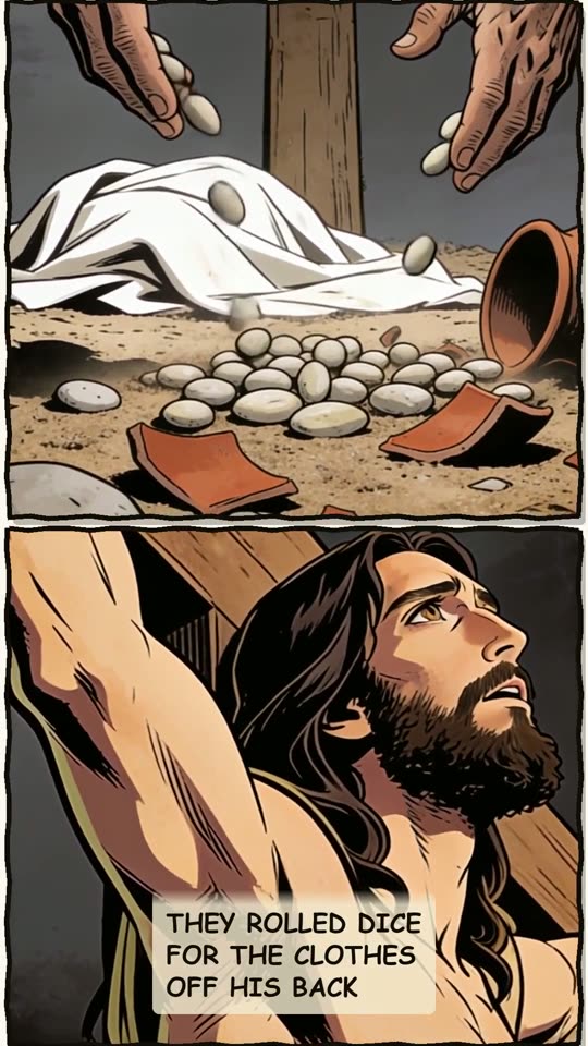 Panel 13: They rolled dice for the clothes off His back