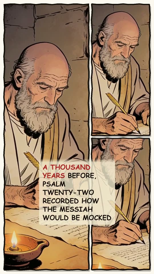 Panel 3: A thousand years before, Psalm twenty-two recorded how the Messiah would be mocked