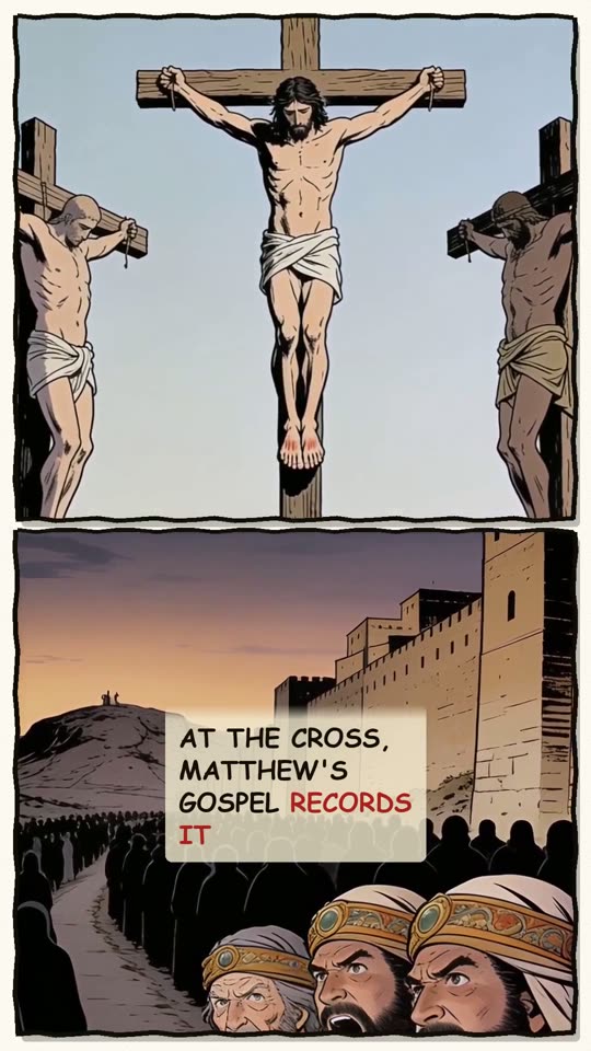 Panel 6: At the cross, Matthew's gospel records it