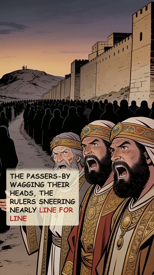 Panel 7: The passers-by wagging their heads, the rulers sneering nearly line for line