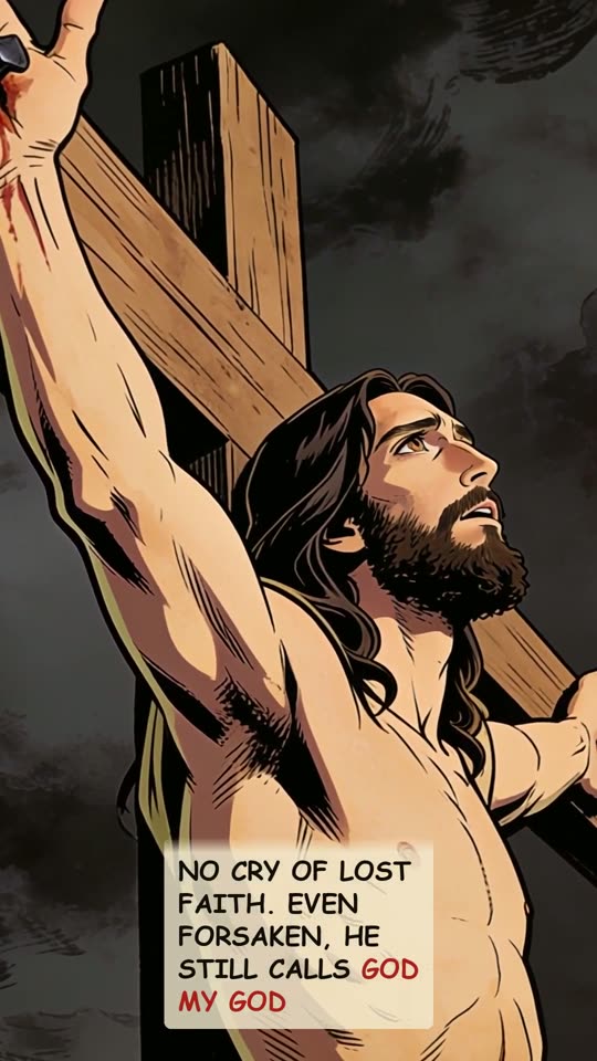 Panel 9: No cry of lost faith. Even forsaken, He still calls God my God