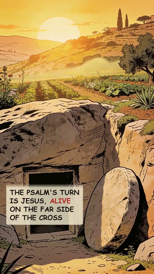 Panel 10: The psalm's turn is Jesus, alive on the far side of the cross
