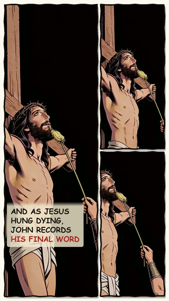 Panel 7: And as Jesus hung dying, John records His final word