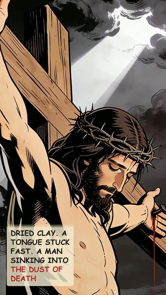 Panel 7: Dried clay. A tongue stuck fast. A man sinking into the dust of death