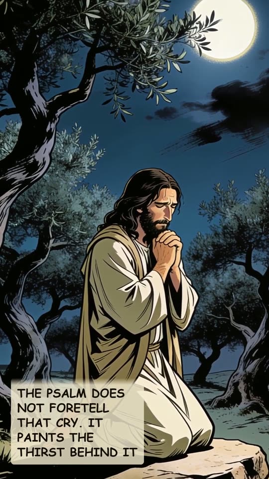 Panel 9: The psalm does not foretell that cry. It paints the thirst behind it