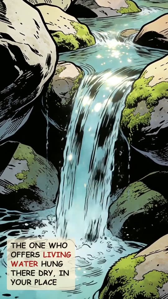 Panel 10: The One who offers living water hung there dry, in your place