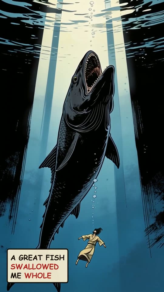 Panel 2: A great fish swallowed me whole