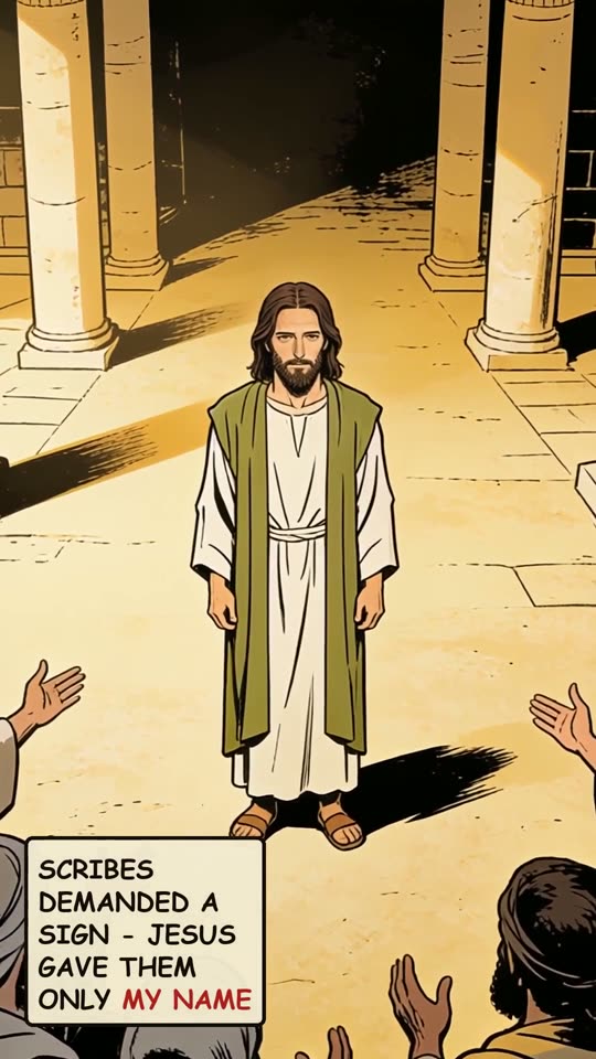Panel 9: Scribes demanded a sign, Jesus gave them only my name