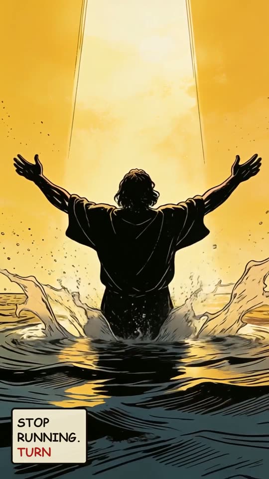 Panel 18: Stop running. Turn