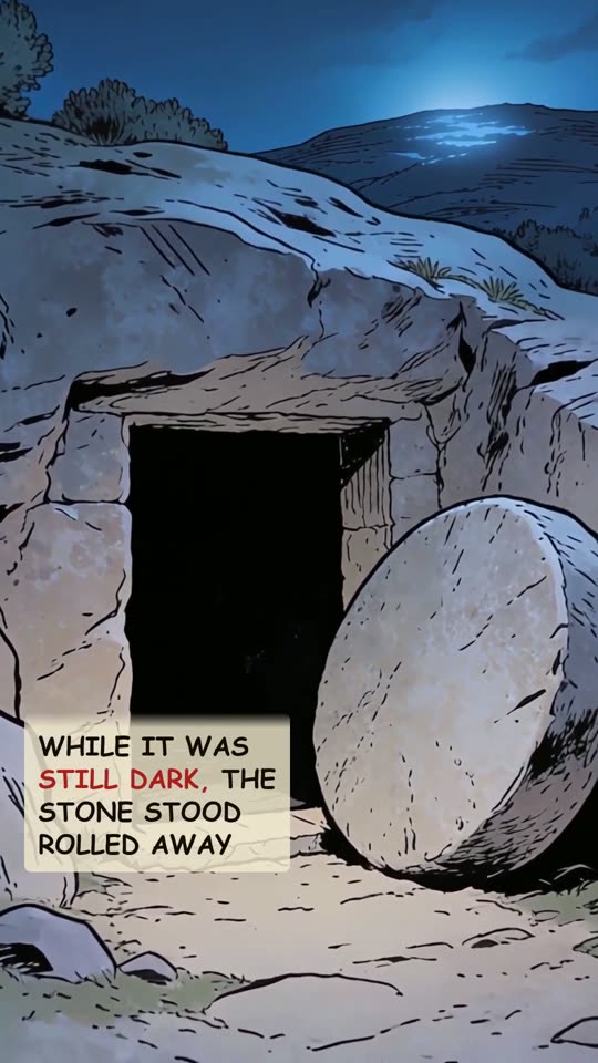 Panel 2: While it was still dark, the stone stood rolled away
