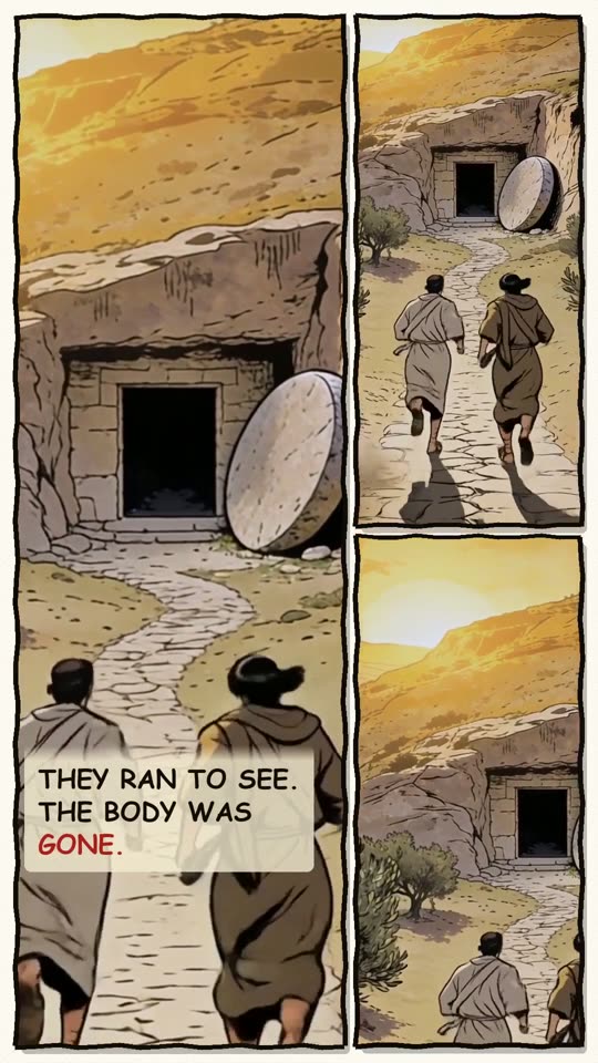 Panel 5: They ran to see. The body was gone.