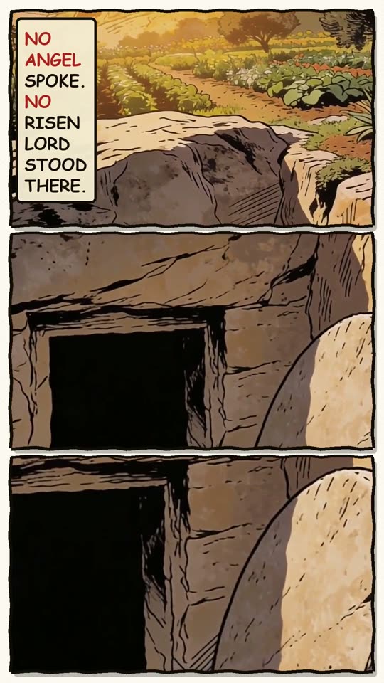 Panel 10: No angel spoke. No risen Lord stood there.