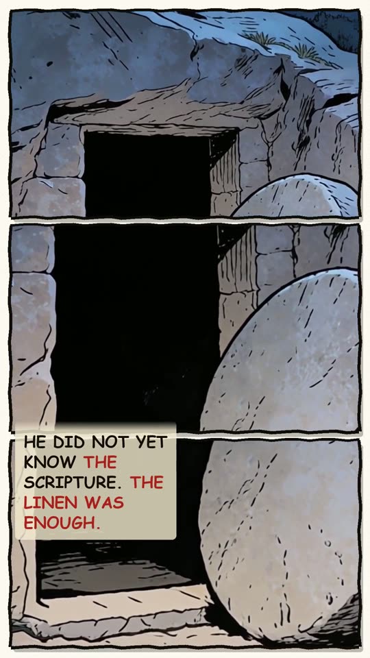 Panel 14: He did not yet know the scripture. The linen was enough.