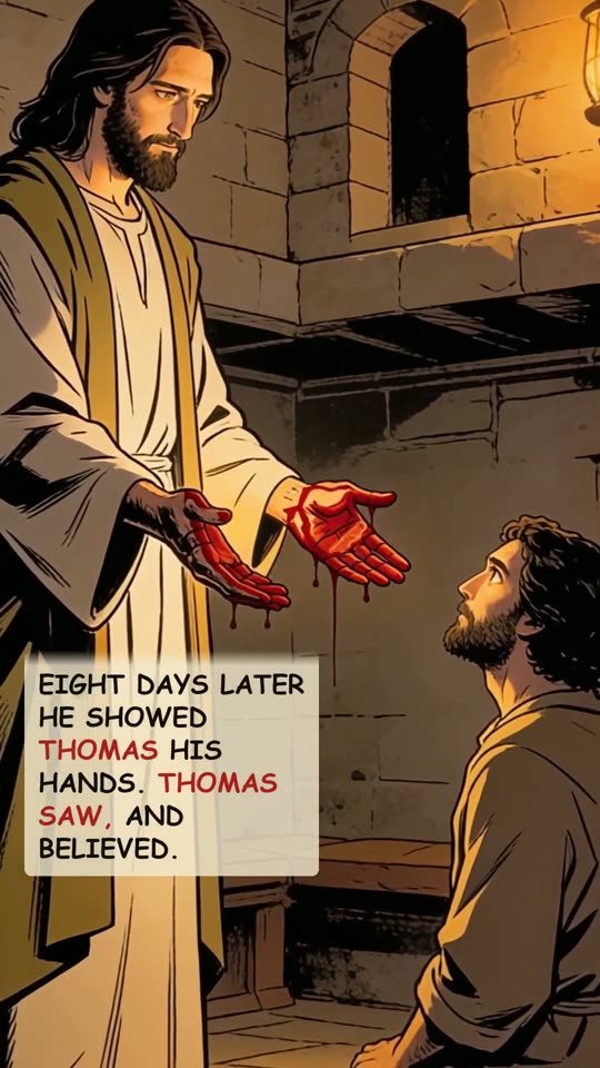 Panel 16: Eight days later He showed Thomas His hands. Thomas saw, and believed.