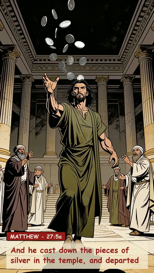 Panel 10: And he cast down the pieces of silver in the temple, and departed