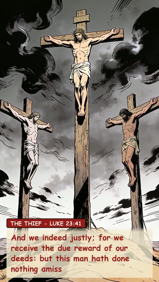 Panel 7: And we indeed justly; for we receive the due reward of our deeds: but this man hath done nothing amiss