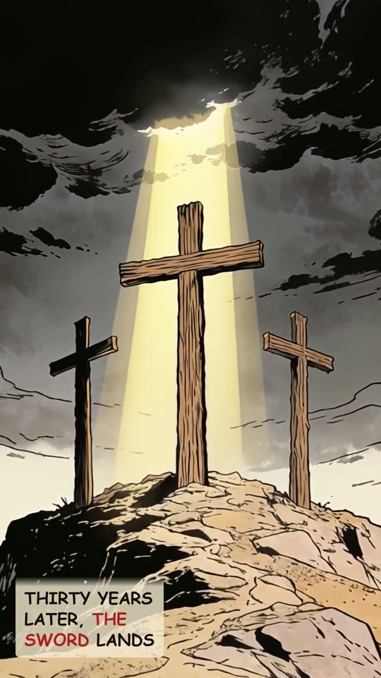Panel 3: Thirty years later, the sword lands