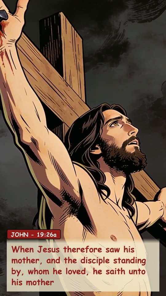 Panel 6: When Jesus therefore saw his mother, and the disciple standing by, whom he loved, he saith unto his mother