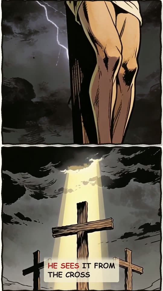 Panel 12: He sees it from the cross