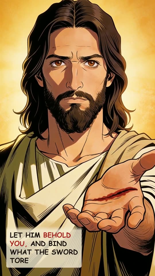 Panel 13: Let him behold you, and bind what the sword tore
