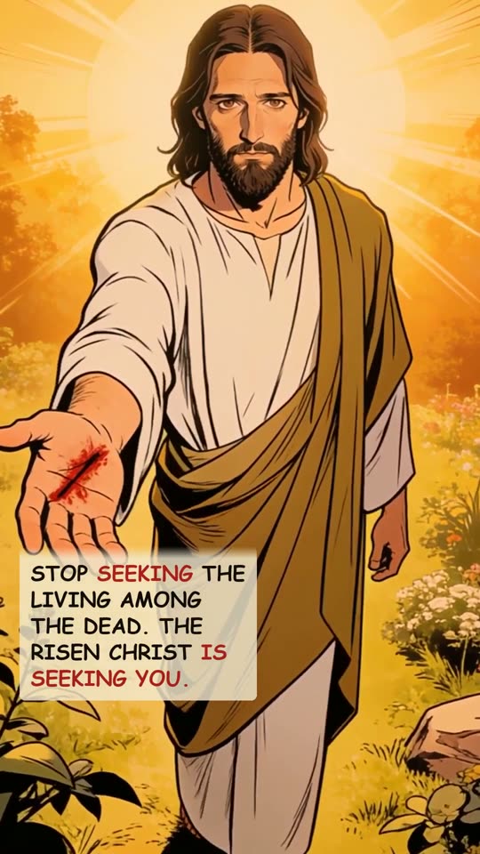 Panel 18: Stop seeking the living among the dead. The risen Christ is seeking you.